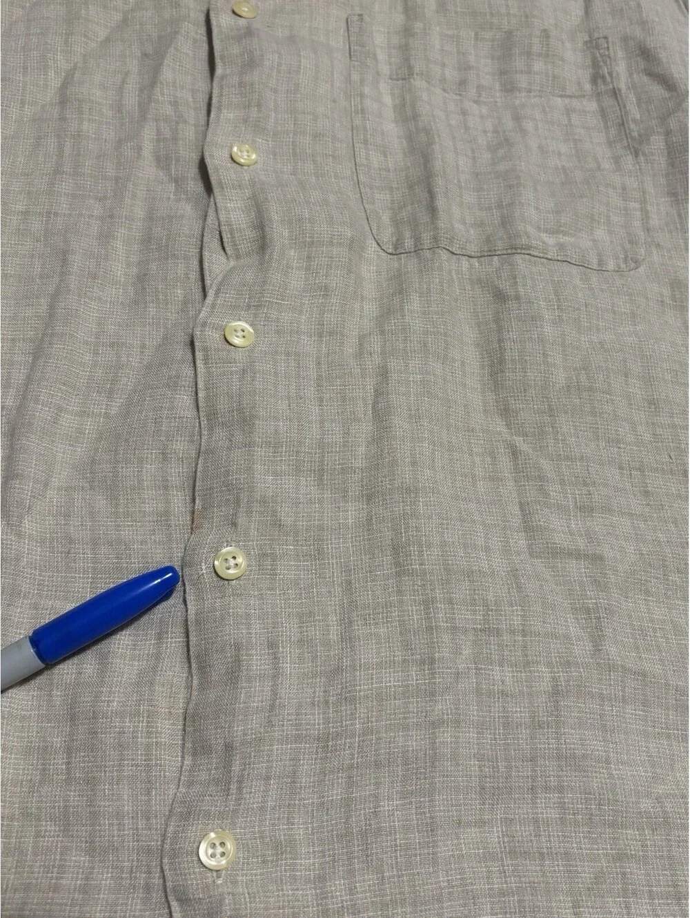 90s J Crew Shirt Mens Large Linen Check Beige Band Collar Pocket